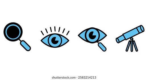 Simple line icons representing a magnifying glass, an eye, and a telescope.
