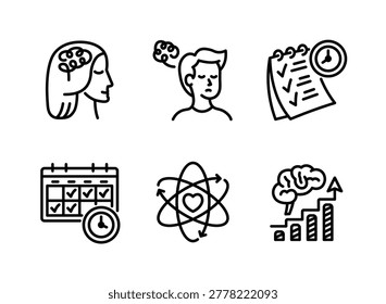 Simple line icons representing personal growth and productivity concepts, including tangled mind, overthinking, daily checklist, calendar planning, emotional connection, and continuous improvement.