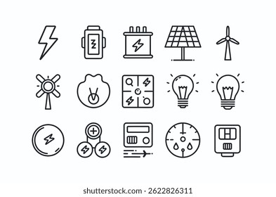 Simple Line Icons Representing Renewable Energy and Electricity