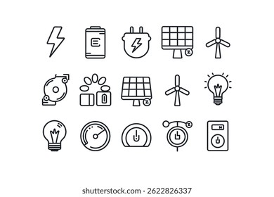 Iconos de línea simples que representan energía renovable y electricidad