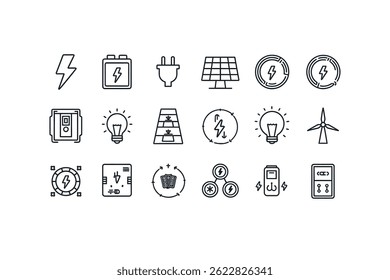 Einfache Liniensymbole für erneuerbare Energien und Elektrizität