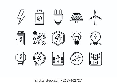 Simple Line Icons Representing Renewable Energy and Electricity