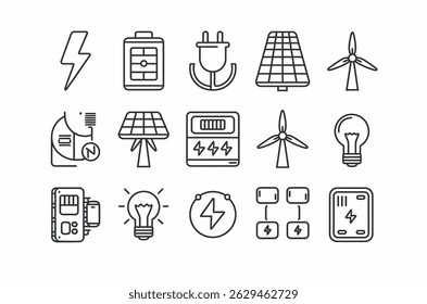 Iconos de línea simples que representan energía renovable y electricidad
