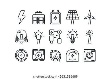 Ícones de linha simples que representam energia renovável e eletricidade