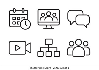 Video Iconos de línea simples que representan la programación, conferencias y herramientas de comunicación de equipo.