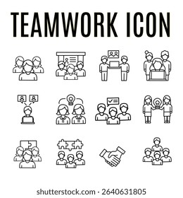 simple line icons representing teamwork, collaboration, idea sharing, and group discussions. Perfect for business presentations, infographics, websites, apps, and project planning visuals