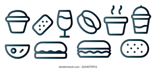 Ícones de Linha Simples Representando Vários Itens de Comida e Bebida