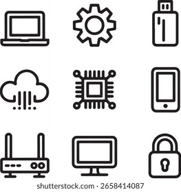 Ícones de linha simples representando vários dispositivos e conceitos de tecnologia