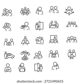 Iconos de línea simples que representan a varias personas y sus interacciones en diferentes Configuraciones