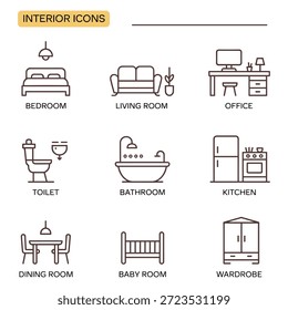 Ícones de linha simples representando várias salas em uma casa