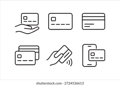 Iconos de línea simples que representan varios usos de tarjetas de crédito y tecnologías de pago modernas.
