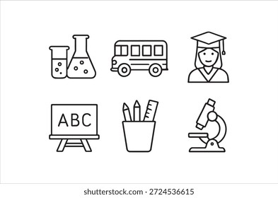 Ícones de linha simples representando vários aspectos da educação e atividades acadêmicas.