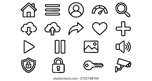 Iconos de línea simples que representan varios conceptos digitales y características de seguridad que se muestran sobre un fondo blanco limpio.