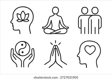 Iconos de línea simples que representan varios aspectos de la meditación, la atención plena y las prácticas espirituales.