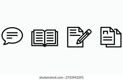 Ícones de linha simples representando vários aspectos da comunicação e documentação, incluindo uma caixa de texto de bolha de fala e símbolos de edição de documentos são exibidos em uma linha em um fundo branco limpo, criando uma representação visual clara da troca de informações.