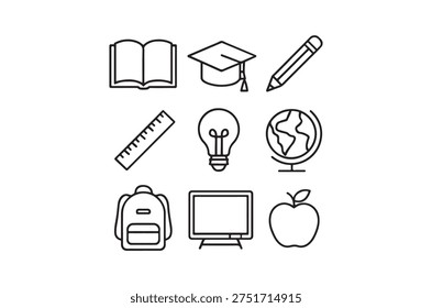 Simple line icons representing various aspects of education and academic pursuits.