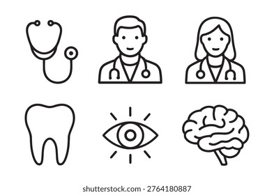 Simple line icons representing various medical fields and essential healthcare elements.