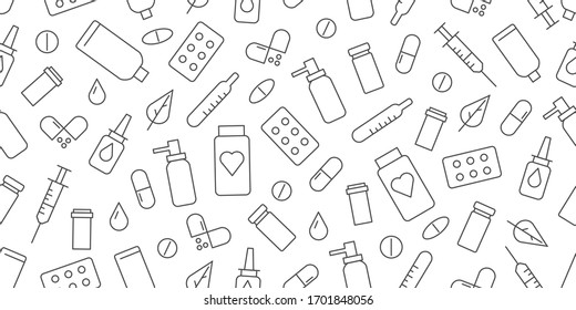 Simple line icons seamless pattern with simple linear icons for pharmacy store or hospital needs, wallpaper or wrapping cover, black and white