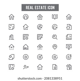 Juego de iconos de línea simple de vectores relacionados con bienes raíces. Contiene íconos como Mapa, Plan, Dormitorios, Área, Campana y más. 