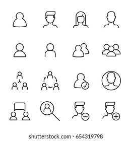 Simple line icons set of users. Vector management, human resources, people and avatar pictograms. Business persons, male, female, profile and others signs. Illustration on a white background.