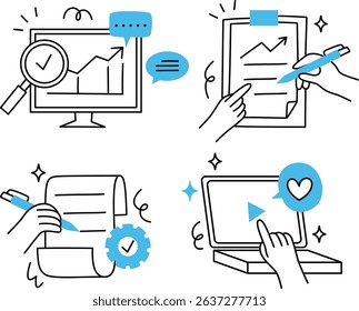 Simple line icons showcasing office reporting, writing, task scheduling, and collaborative brainstorming activities.