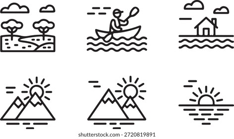 Simples ícones de linha mostrando várias cenas e atividades ao ar livre, incluindo paisagens, caiaque e casa por água, retratados em um estilo minimalista ideal para projetos de design gráfico e ilustração.