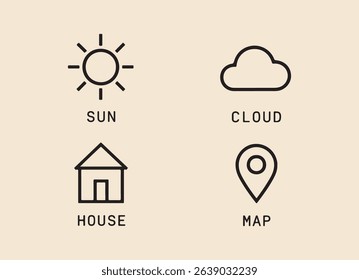 Simple line icons: sun, cloud, house, map. Minimalist design, perfect for apps.