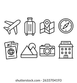 Simple line icons of travel elements like plane, luggage, map, and hotel. Great for travel designs.