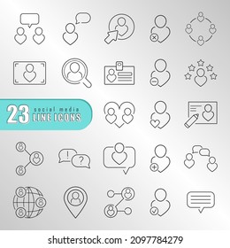 Simple line icons for UI design. Symbols for social network, marketing, media, infographic, mobile apps, etc. Communication, location, add\follow, remove\unfollow user, messaging, searching signs. 