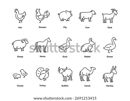 Simple line icons of various farm animals including a hen, rooster, pig, cow, goat, sheep, horse, duck, rabbit, goose, chicks, turkey, buffalo, camel, and donkey. Editable stroke.