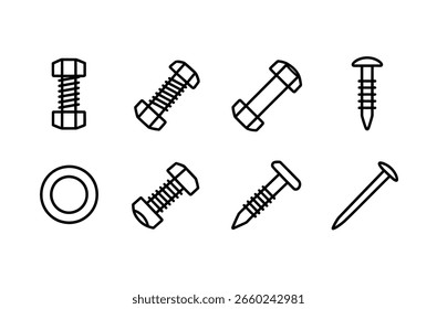 Simple Line Icons of Various Fasteners