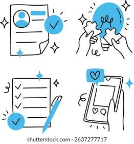 Simple line icons of various office division activities, including teamwork, creative idea, checklist, and social media management.