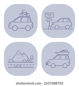 Simple line icons of various outdoor travel activities. Car with bicycle, directional sign, mountains, and vehicle with boat. Ideal for travel enthusiasts