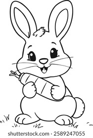 A simple line illustration of an adorable cartoon rabbit holding a carrot. Perfect for coloring books, children's designs, or Easter-themed projects.