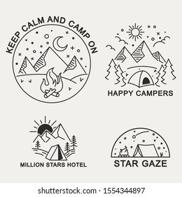 Simple line illustration badge of mountain camping theme.