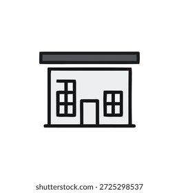 Ilustración de línea simple de un edificio con ventanas y una puerta vista desde el frente