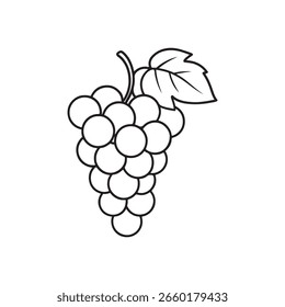 Ilustración de línea simple de un racimo de uvas con una hoja sobre fondo blanco