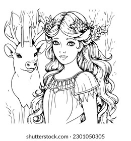 Simple line illustration coloring page with princess and castle. Adults coloring book. Vector illustration