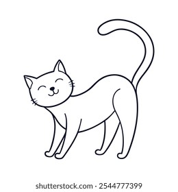 A simple line illustration of a contented cat in mid-stretch.