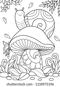 Simple line illustration of cute snail sitting on mushroom in autumn season for coloring book page on app. Stock vector