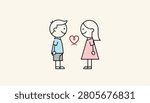Simple line illustration of a cute young boy and girl standing face to face with a delicate red heart floating between them.
