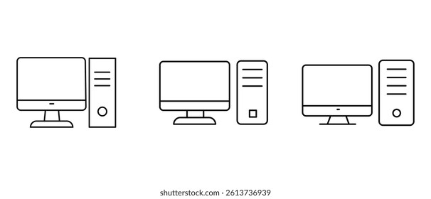 Simple Line Illustration of a Desktop Computer Setup. Pc line icon set vector isolated on white background