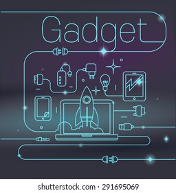 Simple line illustration of different wires and gadgets with laptop and rocket on colorful dark background.