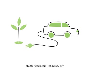 simple line illustration of an eco-friendly electric car powered by green energy