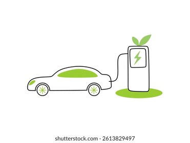 simple line illustration of an eco-friendly electric car powered by green energy