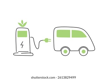 simple line illustration of an eco-friendly electric car powered by green energy