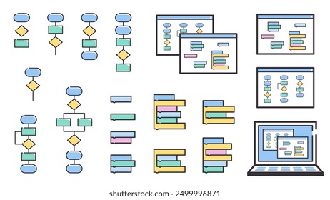 Simple line illustration material set_programming and flowchart