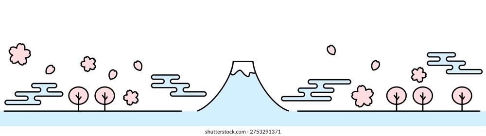 Simple line illustration of Mount Fuji with cherry blossoms and Japanese clouds. Ideal for spring themes, Japan travel designs, banners, and background use.