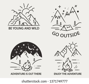 Simple line illustration of mountain camping theme.