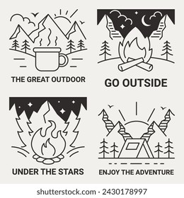 Simple line illustration of mountain camping theme.